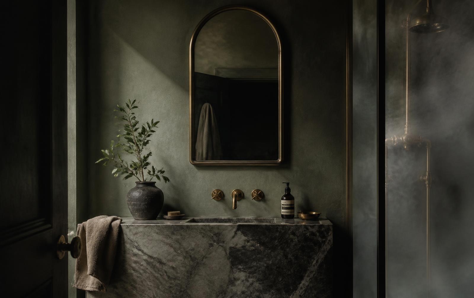 Bathroom — A small room made ceremonial through steam, stone, brass, and one good mirror.