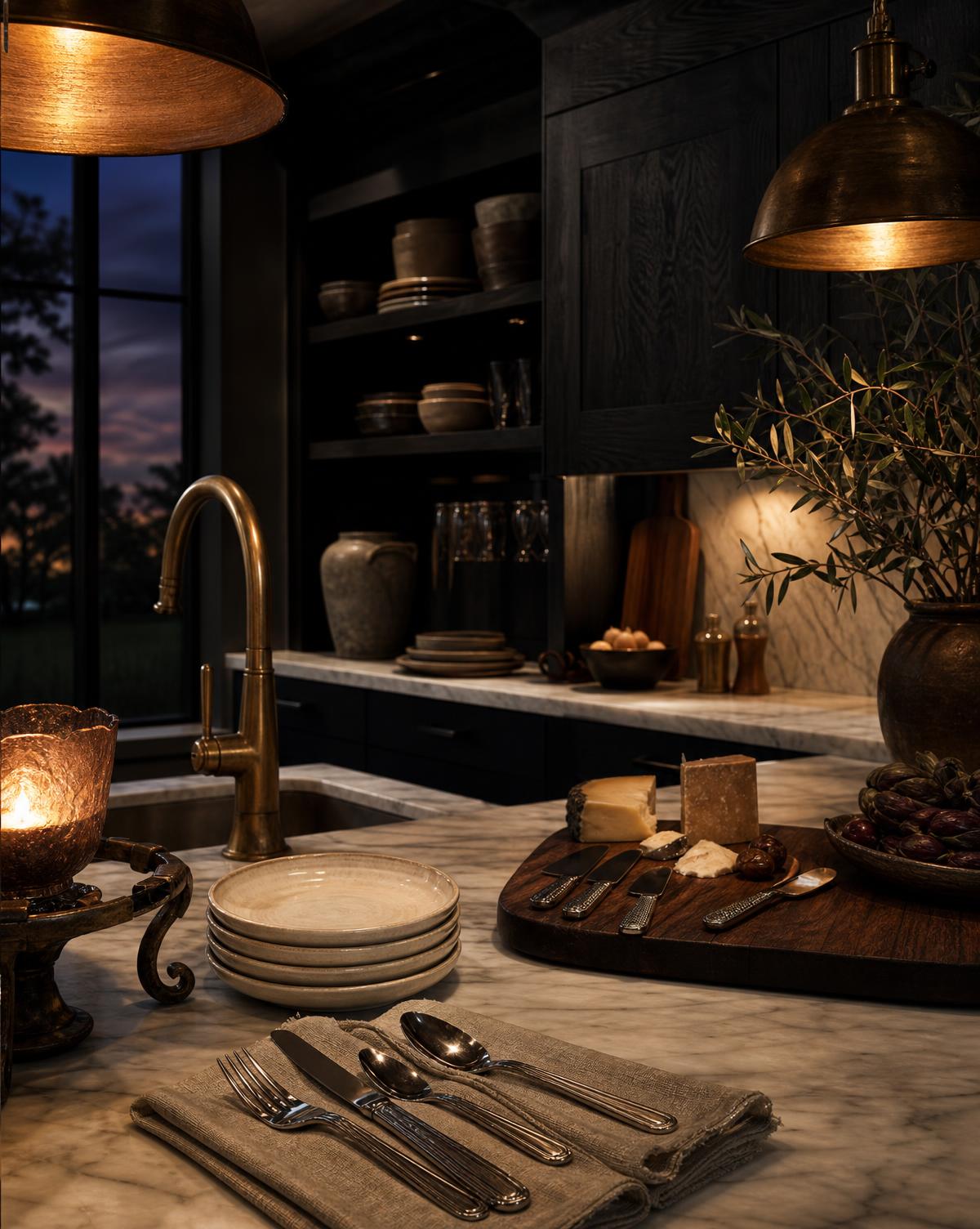 Kitchen — A working room that becomes a dining room by seven through dark wood, warm metal, and a set table.